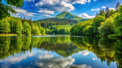 Tranquil lake in lush forest with hill in the background on a summer day, serene, lake, green, forest, hill, background