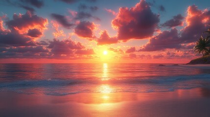 Naklejka premium Serene sunset over a tranquil beach with vibrant clouds.