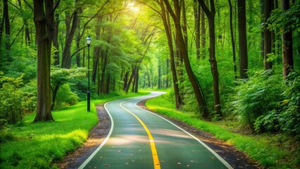 Obraz premium Pedestrian bike trail winding through a lush green forest , background, hiking, biking, walking, exercise, outdoor, path