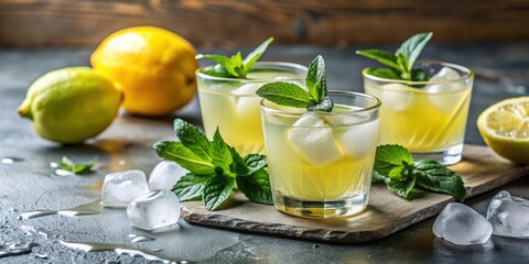 Fototapeta premium Italian limoncello with ice and fresh mint leaves , citrus, drink, Italian, liqueur, lemon, lime, cocktail, refreshing