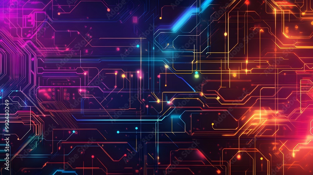 Poster abstract neon circuit board with glowing lines and dots