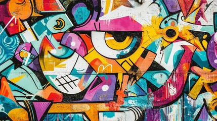 Detailed graffiti wall with abstract illustrations, intricate patterns and vibrant colors