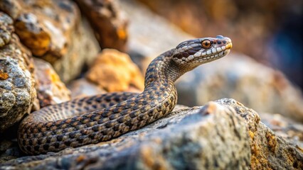 Naklejka premium Viper crawling on a rugged granite rock wall, viper, reptile, snake, climbing, slithering, wildlife, nature, predator