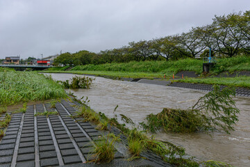 茶色く濁った水害増水した河川