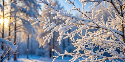 Snow-covered tree branches covered in hoarfrost in a Russian winter forest, snow, winter, forest, trees, hoarfrost, Russia, Urals