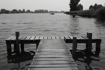 A wooden dock extends out into the still waters of a lake, creating a serene scene.