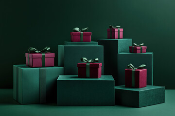 Elegant minimalistic still life composition with several claret gift boxes with green bows on green square podiums on green background with soft shadows. Christmas presents on pedestal.