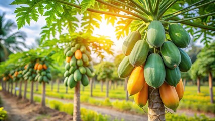 Ripe papaya fruit hanging on tree in Thai farm , tropical, ripe, fresh, organic, agriculture, plantation, harvest, green