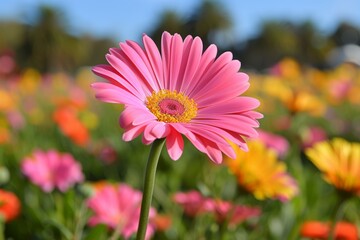Obraz premium A vibrant pink daisy stands out in a field of colorful blooms, bathed in warm sunlight.