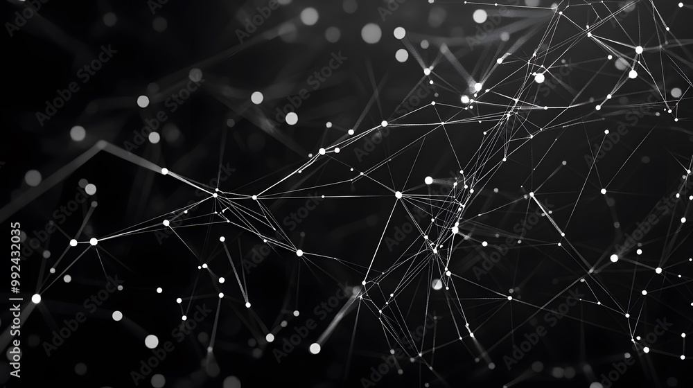 Aufkleber abstract network of interconnected white lines and dots on a black background