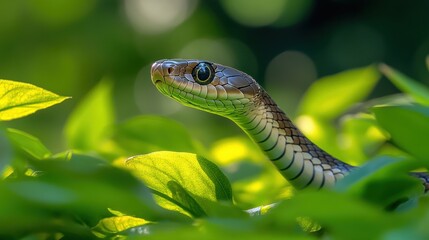 Fototapeta premium Indian Rat Snake Slithering Gracefully Through Leaves