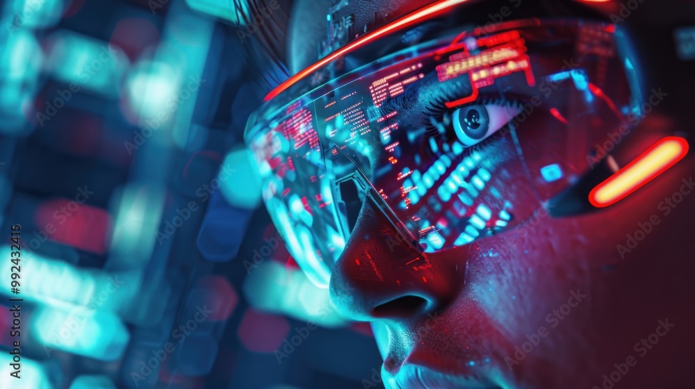 Poster cyberpunk hacker looking at holographic screen with cybernetic glasses ai generated image