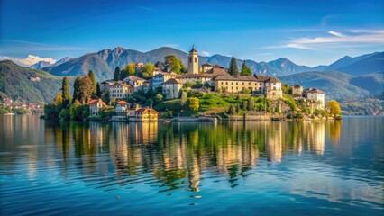 Obraz premium Tranquil view of Isola San Giulio in Lake Orta, Italy, Isola San Giulio, Lake Orta, Italy, island, serene, tranquil