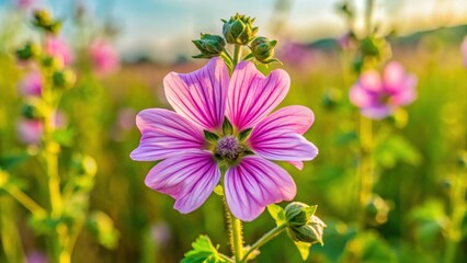 Obraz premium Wild mallow flower blooming in a field , medicinal plant, malva sylvestris, purple flower