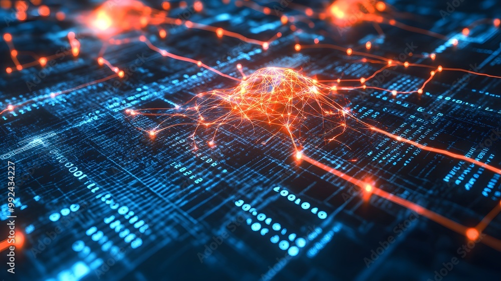 Poster abstract representation of a neural network with glowing red connections on a blue circuit board