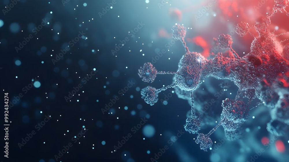 Poster abstract representation of a virus or molecule with a blue and red background