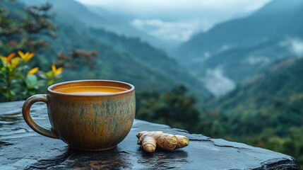 Sapodilla ginger tea served in a ceramic mug on a stone table at a meditation retreat with the mountains blurred in the background promoting relaxation and wellness Scientific name Manilkara zapota
