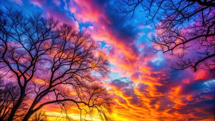 Obraz premium Vibrant sky with colorful hues casting over tree branches, abstract, colorful, sky, tree branches, nature, vibrant