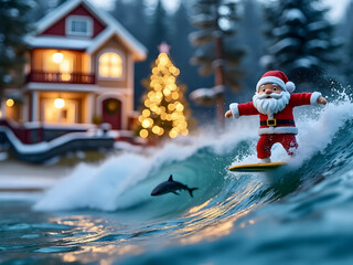Fototapeta premium Santa Claus surfing near sharks on a wave near a snowy decorated house with a Christmas tree in the background during a winter holiday celebration