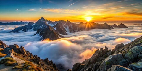 Mountains landscape with inversion in the valley at sunset viewed from Rysy Peak in High Tatras, Slovakia, Mountain