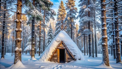 Old handmade Sami hut in snowy Rovaniemi forest, Lapland, traditional, handmade, Sami hut, winter landscape