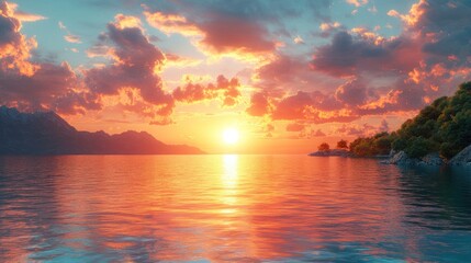Fototapeta premium Serene sunset over calm waters with mountains in the background.