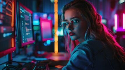 Obraz premium Female hacker sitting in front of a computer against a dark office background of neon lights