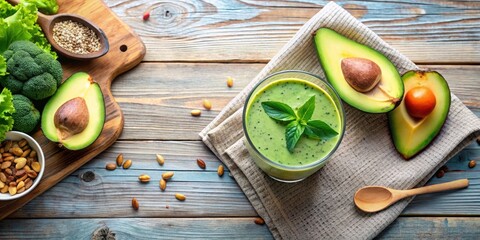 Top view of a healthy breakfast with a smoothie and avocado on a table, healthy, breakfast, top view, smoothie, avocado