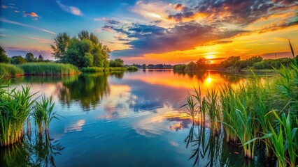 Obraz premium Scenic landscape of a beautiful lake at sunset with colorful reflections on water surface among green reeds, sunset, lake