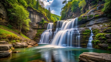 Obraz premium Majestic long exposure photo of waterfall cascading over narrow canyon, waterfall, long exposure, majestic, cascading