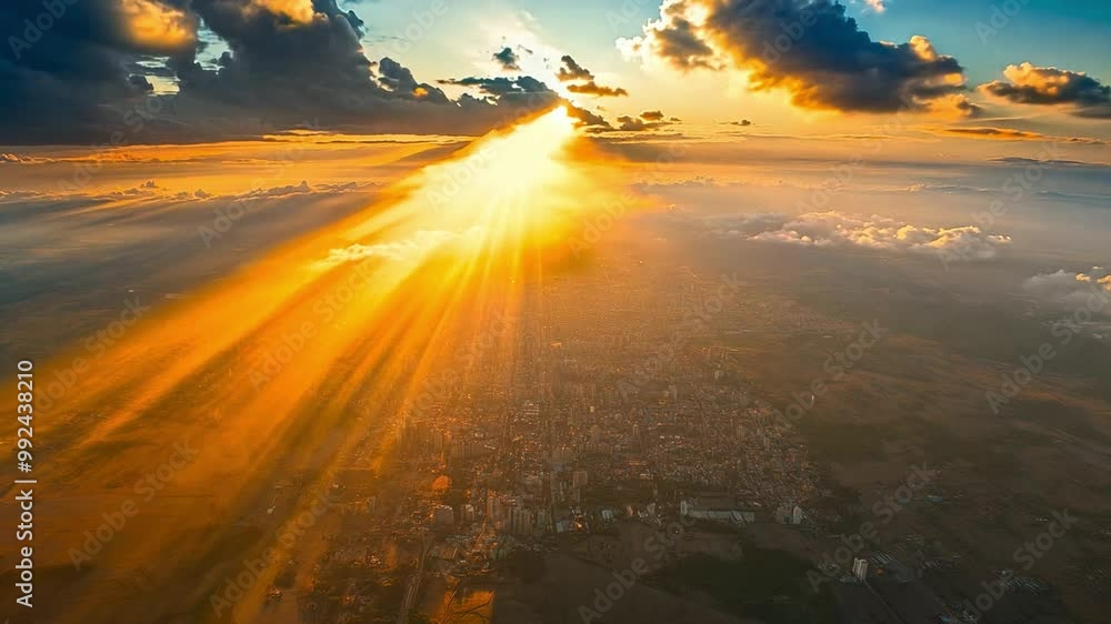 Poster bright rays of sunlight pierce through the clouds at sunset, illuminating the city below and creatin
