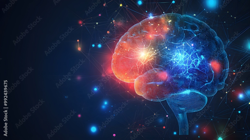 Poster digital brain with glowing connections and nodes