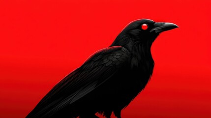 Fototapeta premium A black raven perched against a striking red backdrop, showcasing its intricate details.