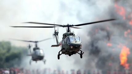 Military Helicopter Flying Through Smoke