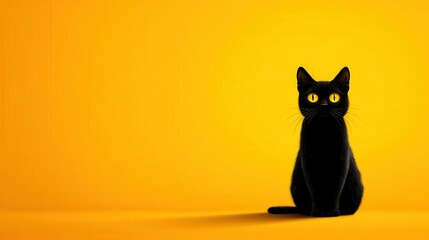 Black cat sitting against a vibrant yellow background.