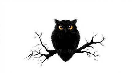 Fototapeta premium Black owl perched on a bare branch, isolated on a white background.