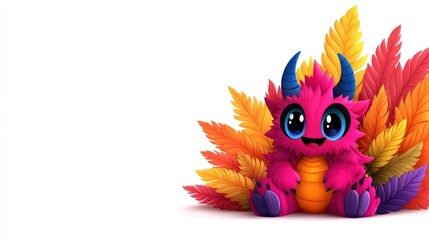 Fototapeta premium Colorful cartoon monster with vibrant feathers on a white isolated background.