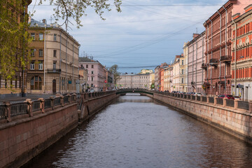 Fototapeta premium Embankment of the Griboyedov Canal on a sunny spring morning, Saint Petersburg, Russia