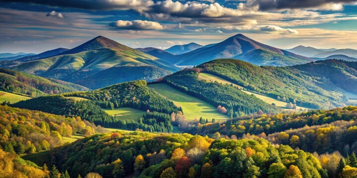 Mountain range in Bieszczady Mountains with Tarnica, Halicz, and Rozsypaniec peaks , scenic, nature, landscape