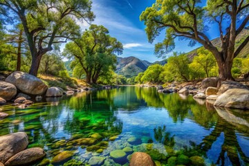 River winds gently through emerald hills, its translucent surface mirroring majestic oaks and weathered boulders, beneath a brilliant azure expanse.