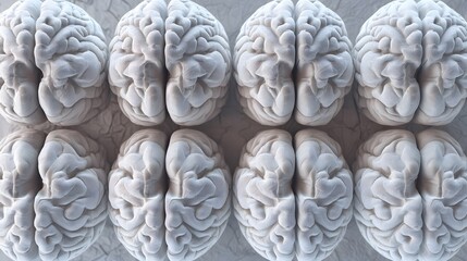 A Row of Six Human Brains in White, Rendered in 3D