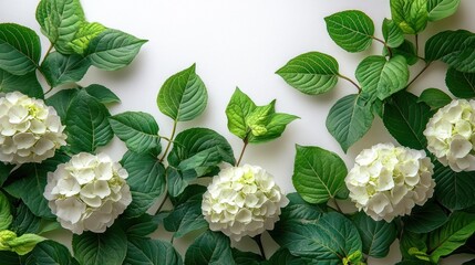 White hydrangea flowers with green leaves on a light background.