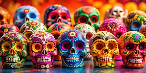 Fototapeta premium Traditional sugar skulls and prehispanic clay skull on colorful background, Day of the Dead, Mexican tradition