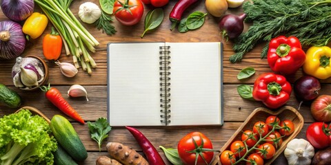 Fresh ingredients for cooking healthy and delicious vegetable dishes on a blank notebook, healthy, vegetables, cooking