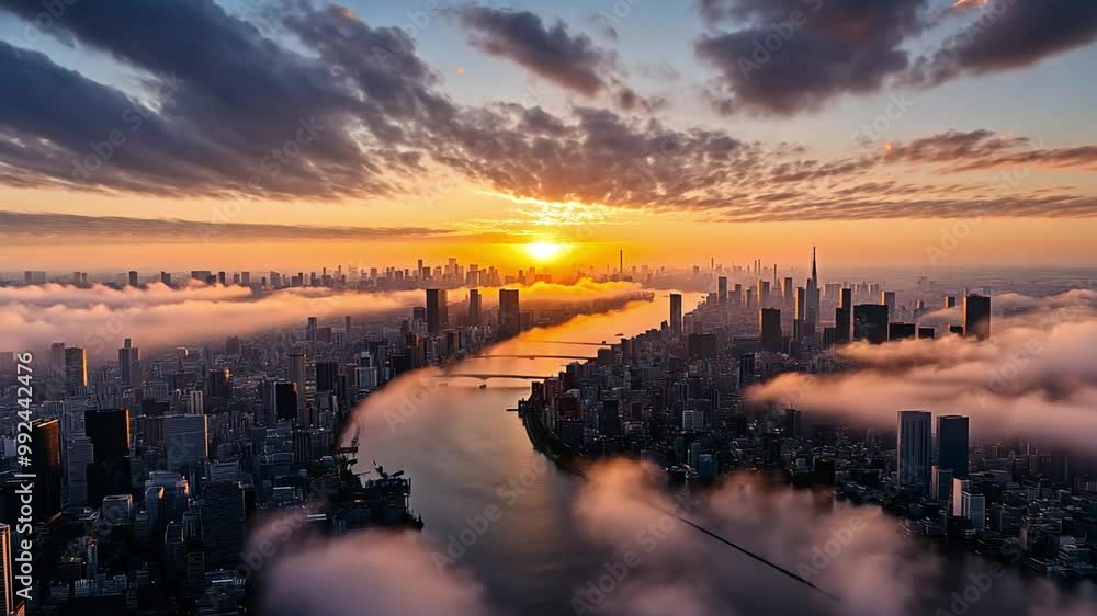 Aufkleber the sun sets dramatically, casting warm light over the city skyline, while clouds sit low over the r