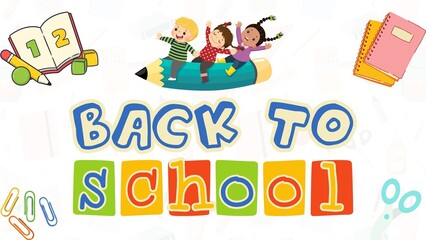 Fototapeta premium Vibrant back to school illustration featuring cheerful children on a giant pencil. Includes educational elements like books and notebooks in a playful design.