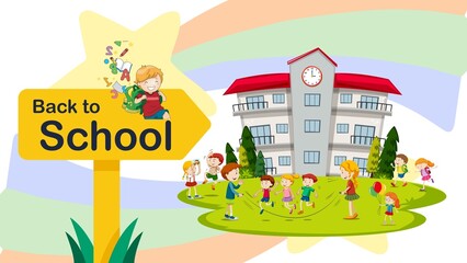 Illustration of children excitedly returning to school. Features a school building, playground, and a Back to School sign symbolizing new beginnings and learning.
