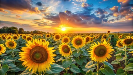 Obraz premium Vibrant field of sunflowers at sunrise , sunflowers, field, vibrant, sunrise, yellow, nature, landscape, beauty, summer, petals