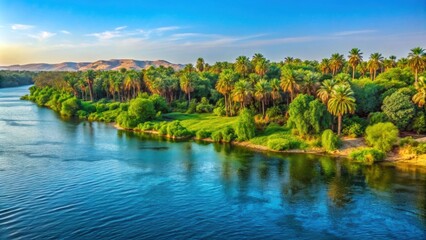 Fototapeta premium Majestic Nile shoreline showcasing lush green forest as seen from a cruise ship sailing through Egypt during the summer