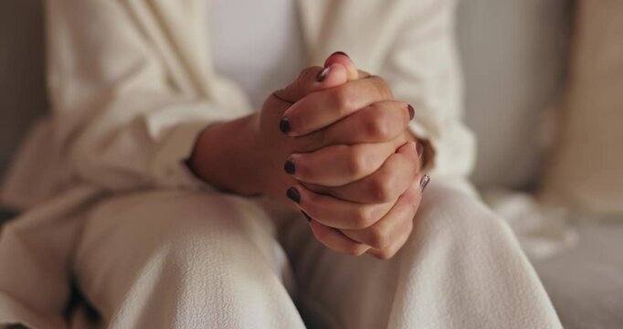 Woman, waiting or closeup with hands for stress, conern or support in therapy, challenge or anxiety at home. Female person, nails or feeling with expression, understanding or anticipation for empathy